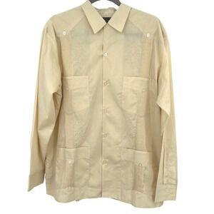 Vintage Yucatan Guayabera Shirt Mens Size 42 Yellow Embroidered Cuban Camp